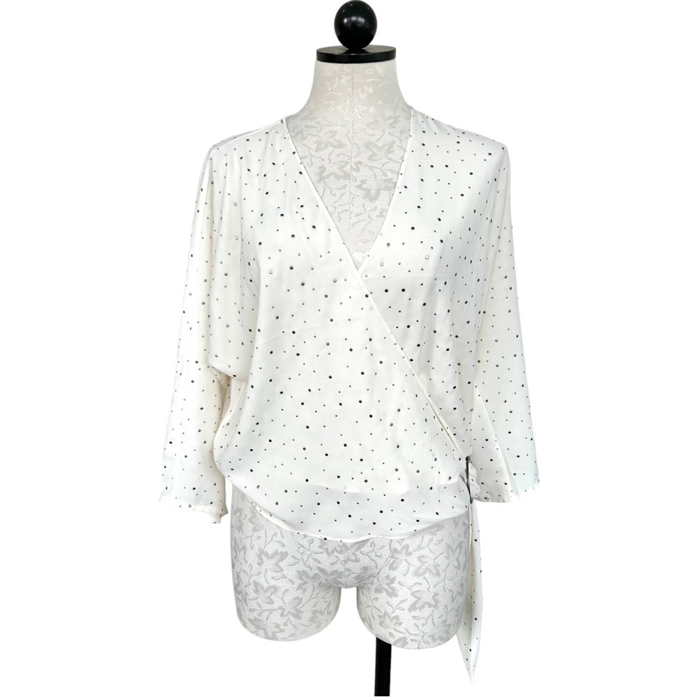 Express Studded Metallic Dots Wrap Style Crip Blouse Cream & Silver Size Medium